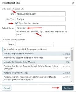 Link URL dengan nofollow agar backlink tidak terbagi